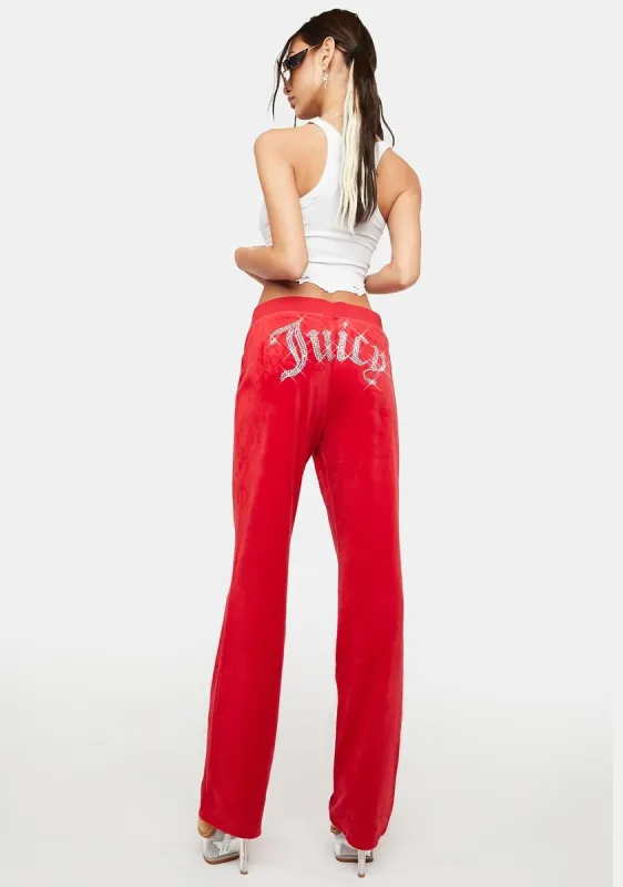 Coco Red Luxe Velour Rhinestone Logo Sweatpants sold by Dolls Kill