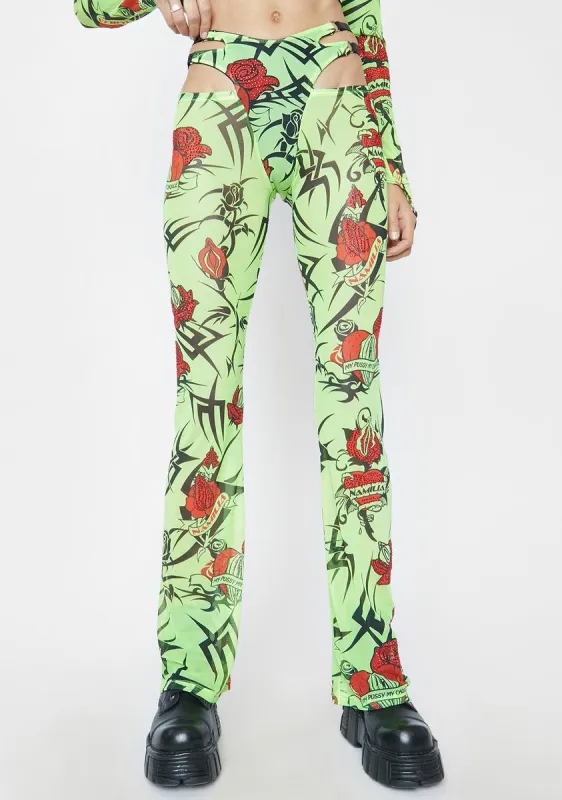 Neon Green Tattoo Rose Speed Racer Mesh Pants sold by Dolls Kill