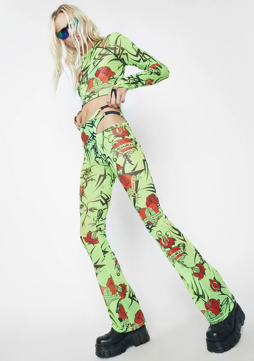 Neon Green Tattoo Rose Speed Racer Mesh Pants sold by Dolls Kill product image thumbnail 3
