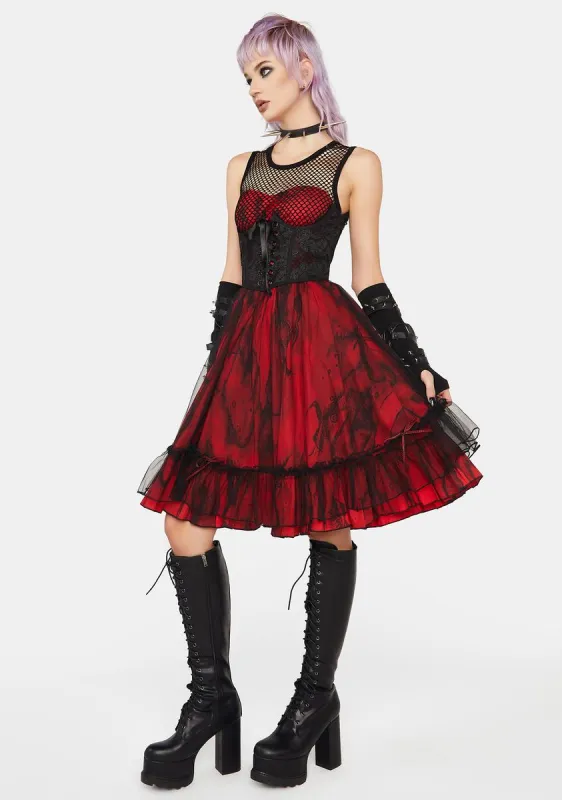 Black And Red Dark Mesh Spliced Woven Dress made by Dolls Kill