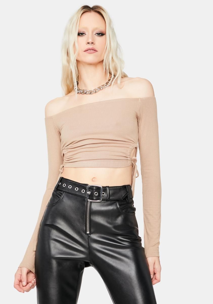 Taupe What You Know Off The Shoulder Crop Top sold by Dolls Kill