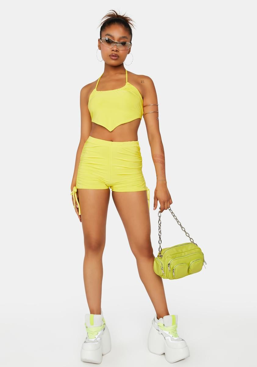 Sulphur Yellow Ruched Halter Mini Crop Top sold by Dolls Kill product image thumbnail 2