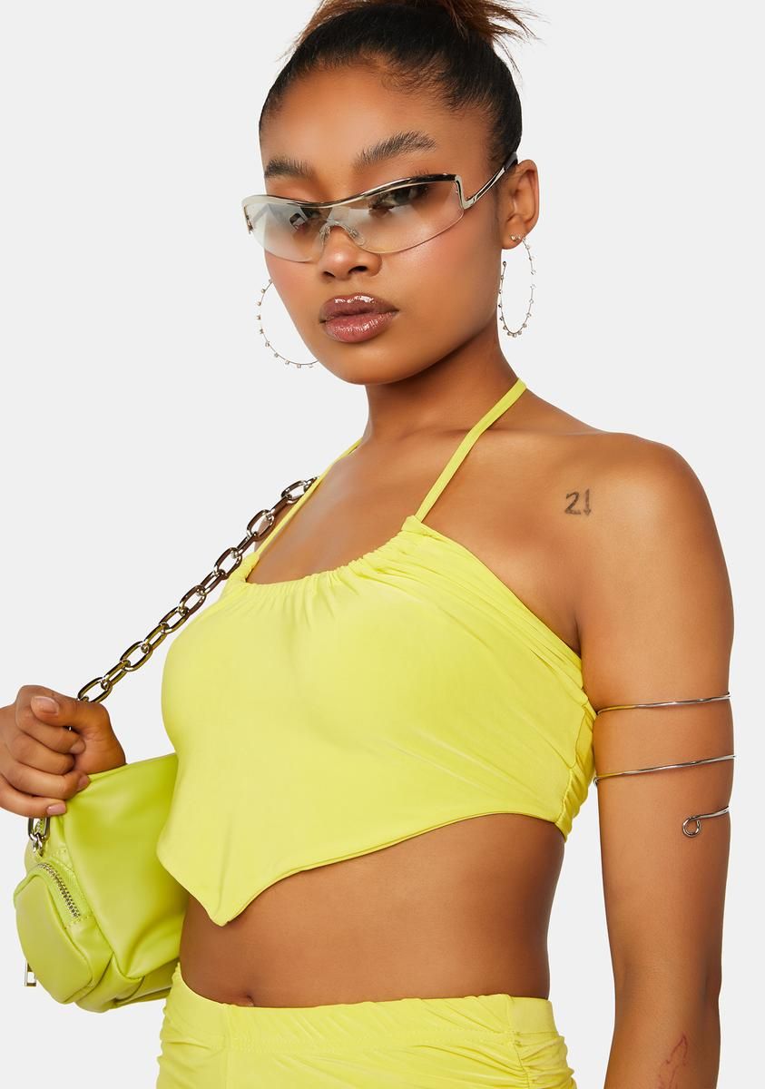 Sulphur Yellow Ruched Halter Mini Crop Top sold by Dolls Kill product image thumbnail 3
