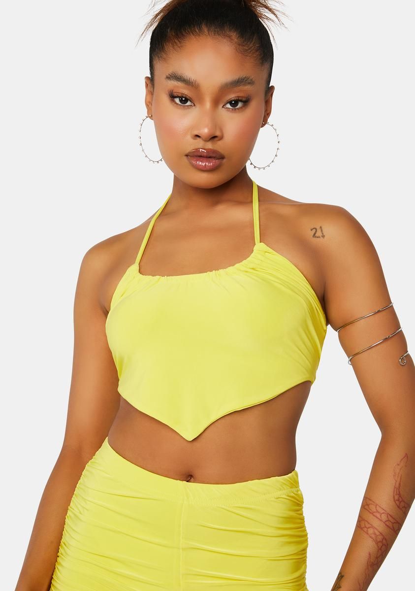 Sulphur Yellow Ruched Halter Mini Crop Top sold by Dolls Kill