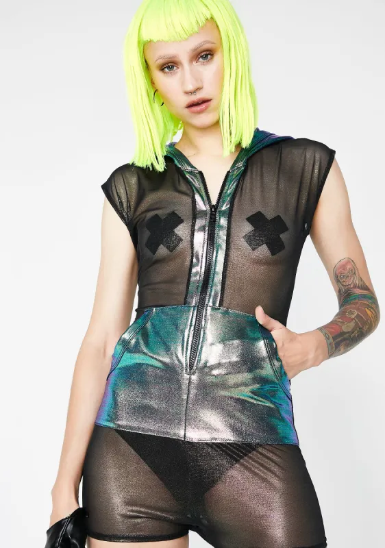 Black Opal Mesh Zipper Front Romper sold by Dolls Kill