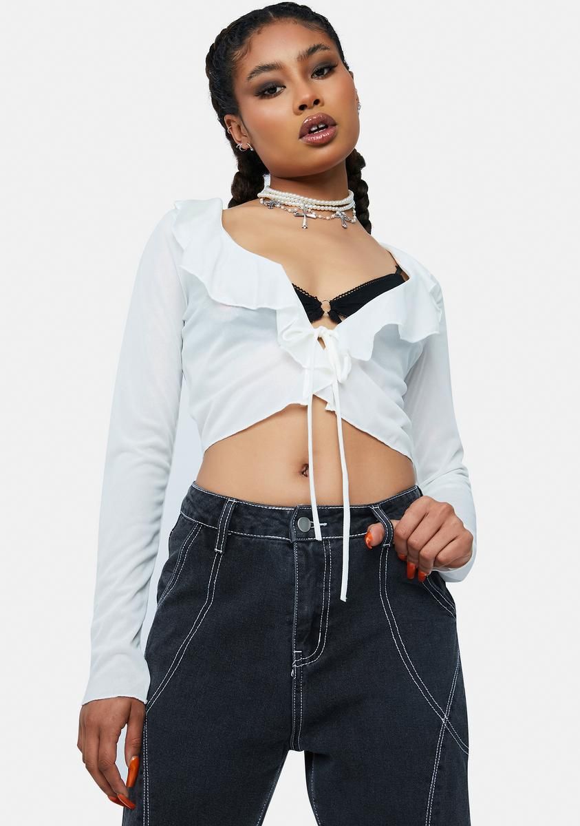 Ivory Better Watch Me Long Sleeve Crop Top sold by Dolls Kill