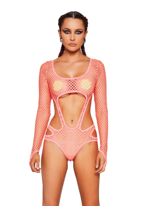 Atomic Bliss Fishnet Bodysuit - Neon Pink sold by Dolls Kill