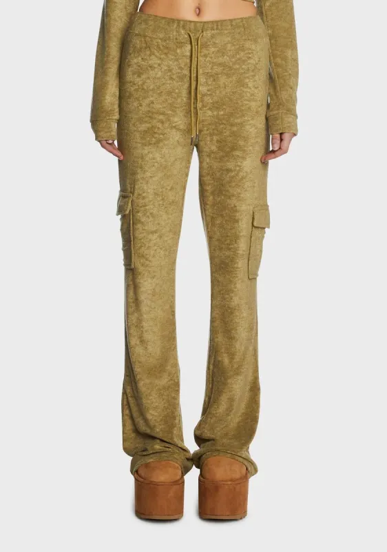 Olive Velour Cargo Pocket Track Pants sold by Dolls Kill
