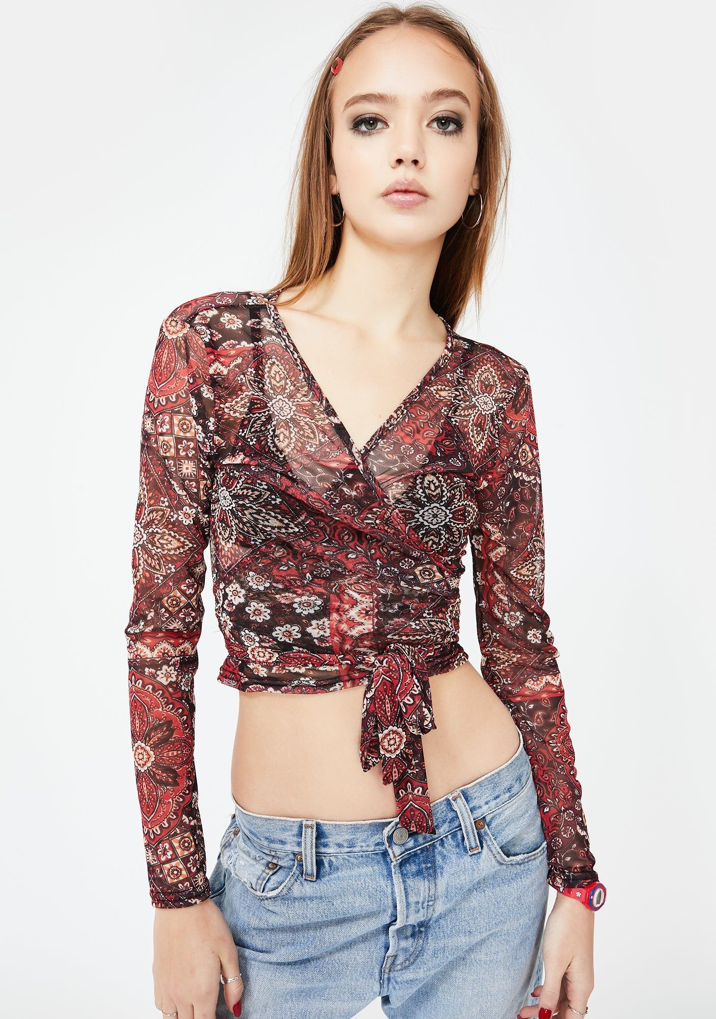 Floral Mesh Wrap Top sold by Dolls Kill