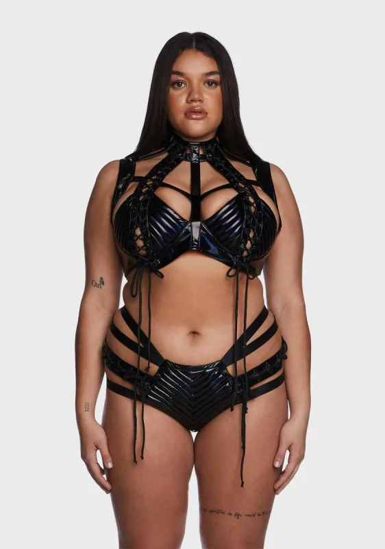 Plus Rude Awakening Harness Bra Top - Black Holo sold by Dolls Kill