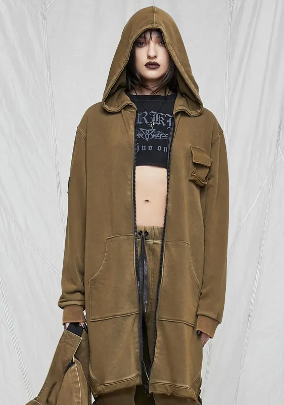 Synth Unisex Washed Olive Long Zip-Up Hoodie sold by Dolls Kill