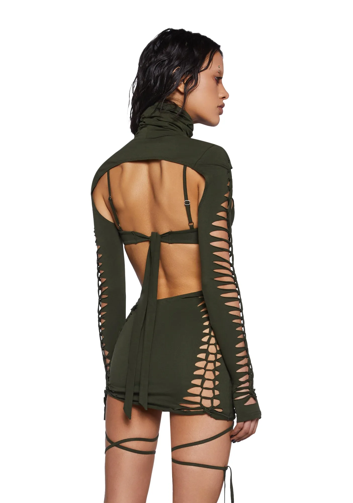 Crossfade Shredded Dress With Shrug - Olive | Parallel