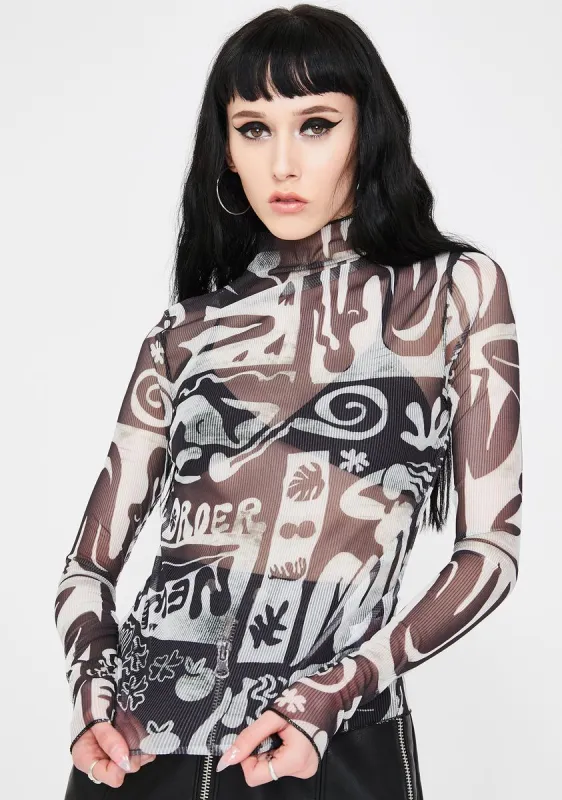 Abstract Print Mesh Top sold by Dolls Kill