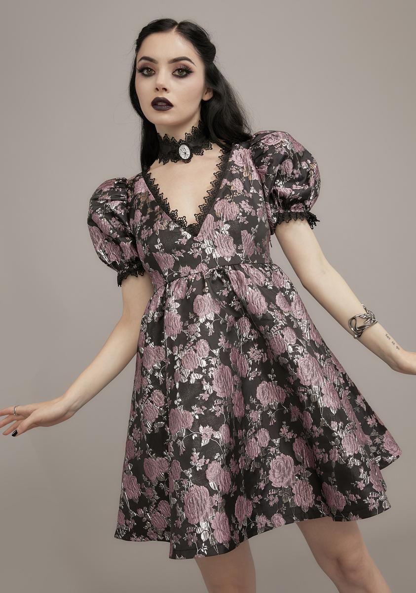 Mauve Fanged Faerie Brocade Babydoll Dress sold by Dolls Kill