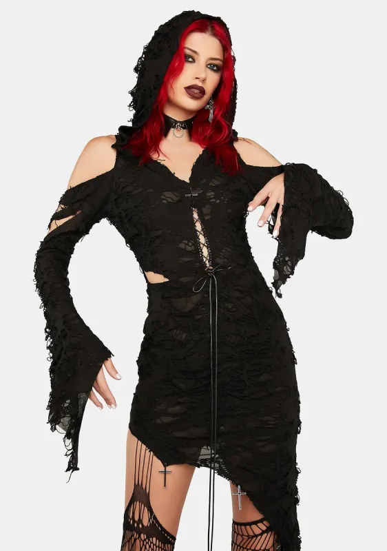Black Hooded Asymmetrical Dress sold by Dolls Kill
