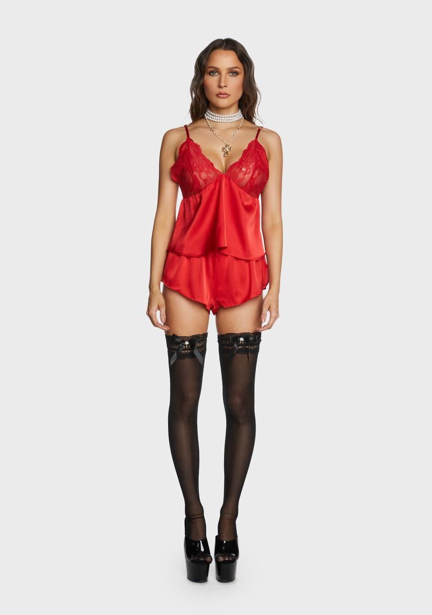 Red Rosie Satin And Lace Cami And Short Set sold by Dolls Kill