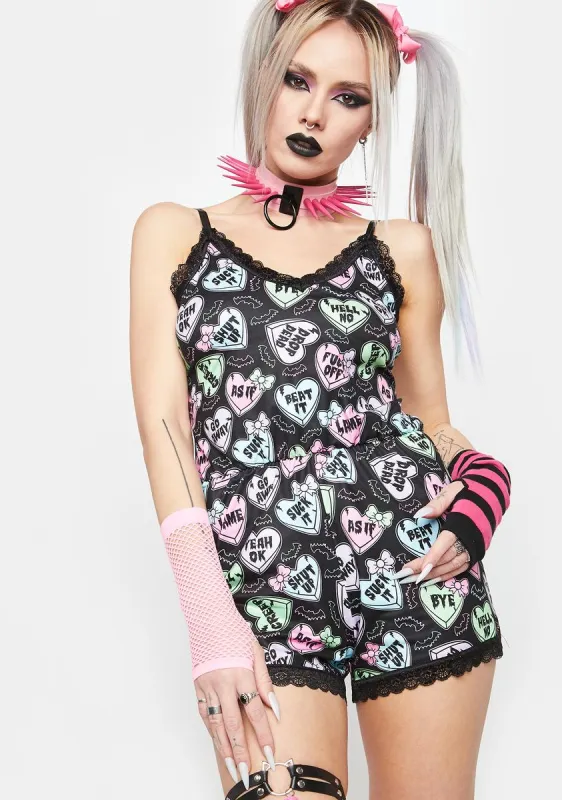 Creepy Candy Hearts Lace Romper sold by Dolls Kill