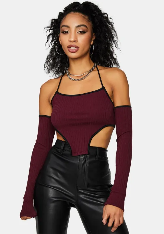 Wine Keep Up Halter Crop Top With Arm Warmers sold by Dolls Kill