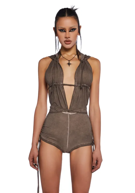 Downbeat Hooded Romper - Brown sold by Dolls Kill
