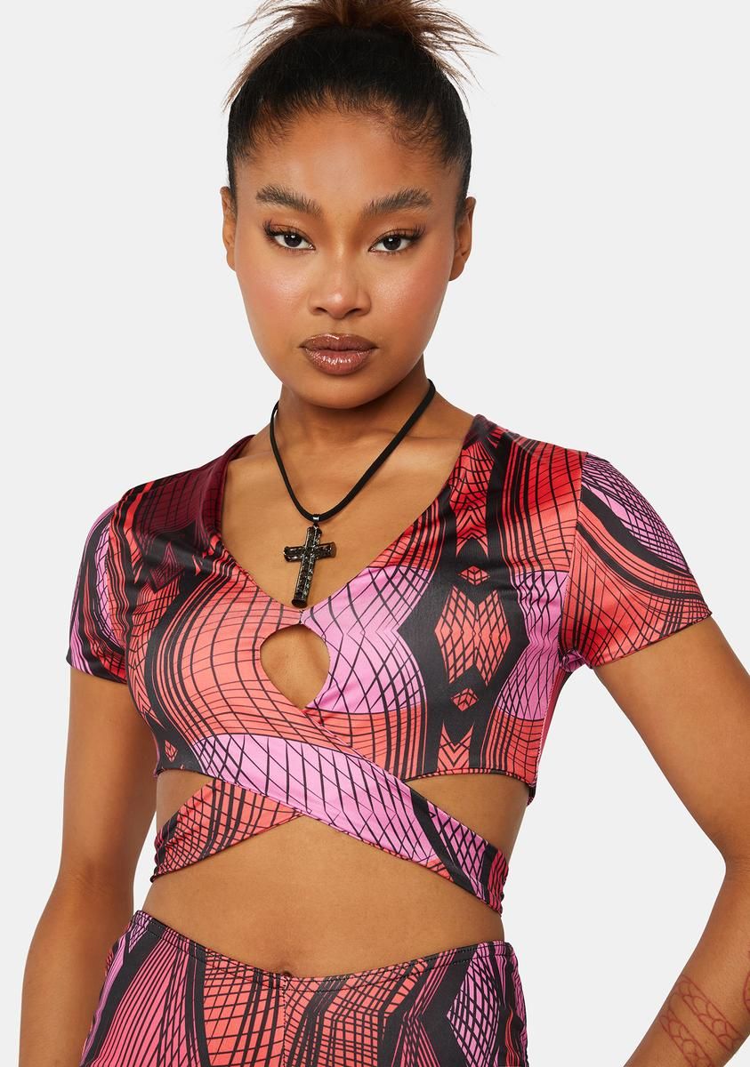 Abstract Printed Wrap Crop Top sold by Dolls Kill