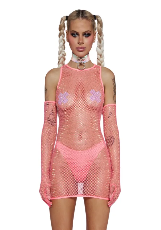 Stage Hopper Fishnet Dress Set - Pink sold by Dolls Kill