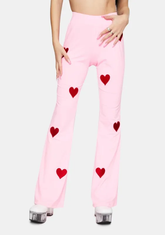 Embroidered Heart Pink Flare Pants sold by Dolls Kill
