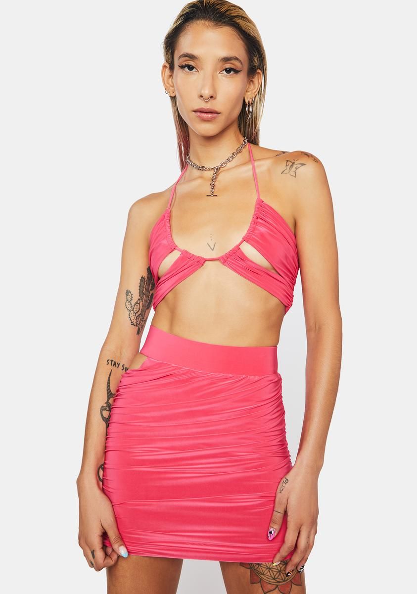 Fuchsia Glamour Shine Halter Skirt Set sold by Dolls Kill