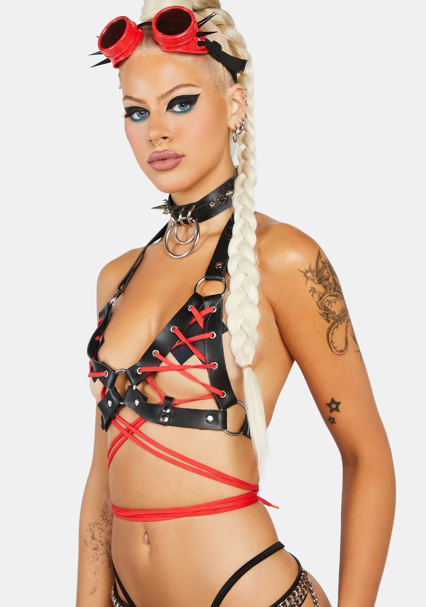 Black & Red Faux Leather Lace-Up Bra Top sold by Dolls Kill product image thumbnail 2