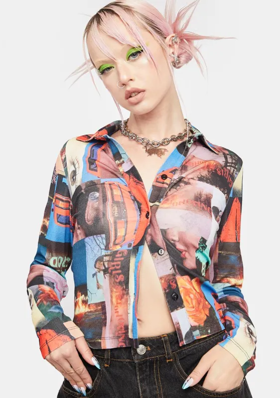 Collage Print Mesh Shirt sold by Dolls Kill