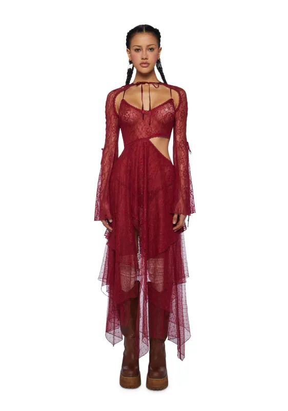 Fairydust Chronicles Lace Dress & Shrug Set- Burgundy sold by Dolls Kill