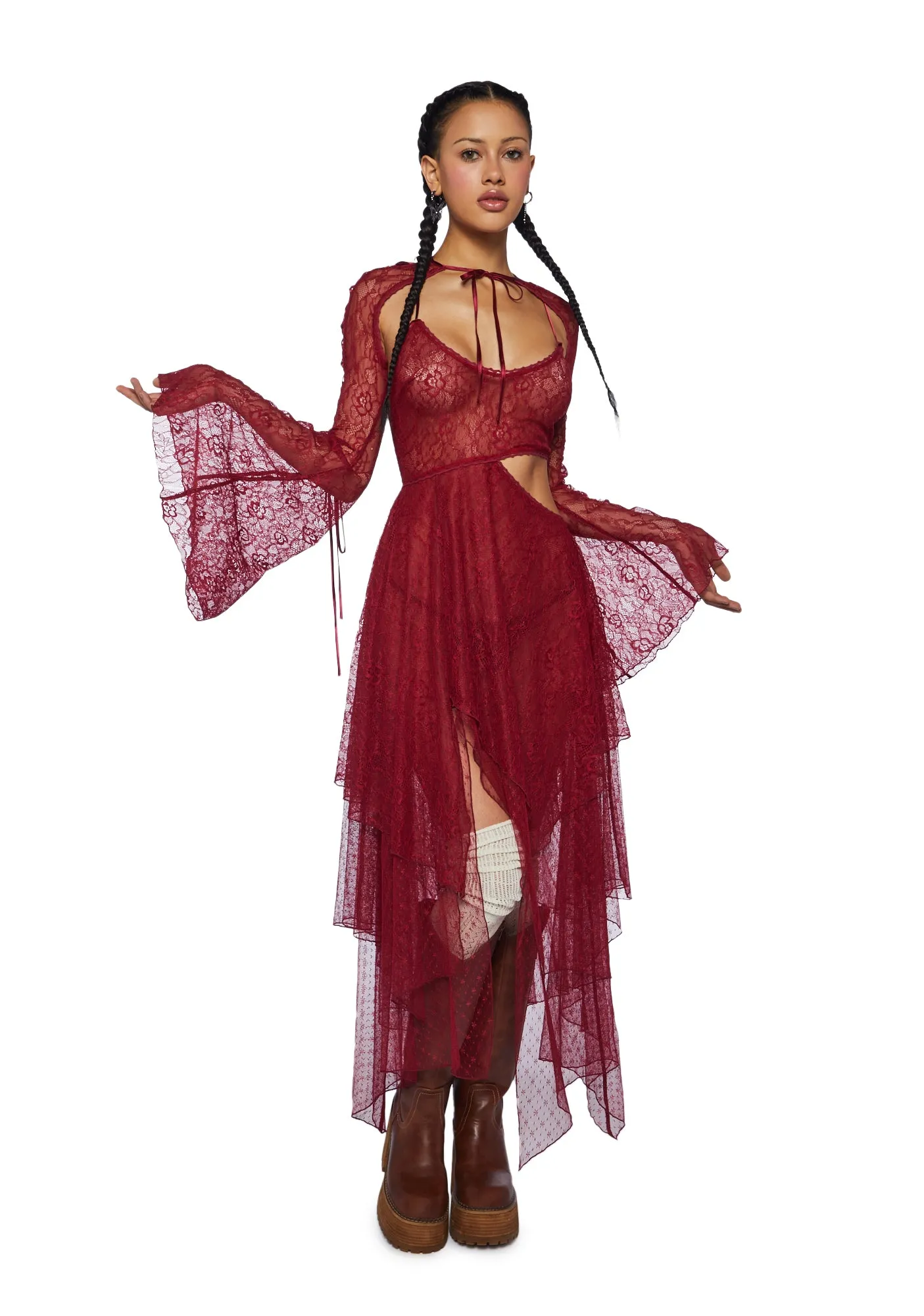 Fairydust Chronicles Lace Dress & Shrug Set- Burgundy sold by Dolls Kill product image thumbnail 5