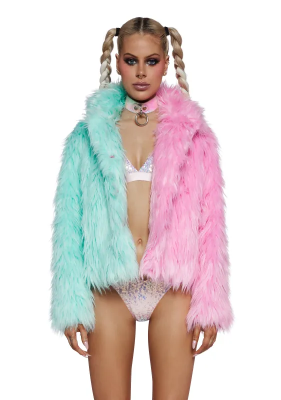 Balancing Act Faux Fur Jacket- Green/Pink sold by Dolls Kill