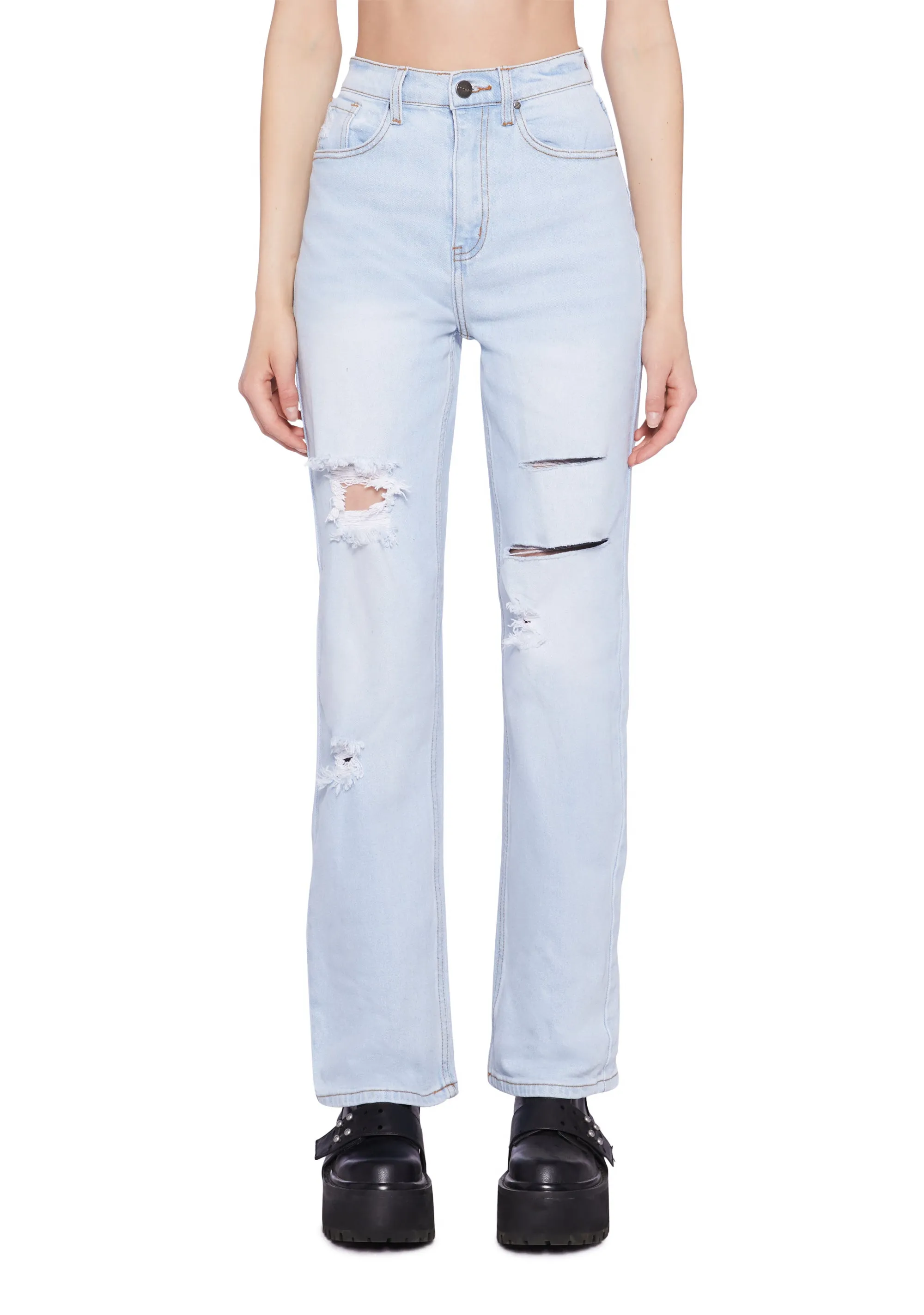 Distressed High Rise Straight Denim Jeans - Light Blue sold by Dolls Kill