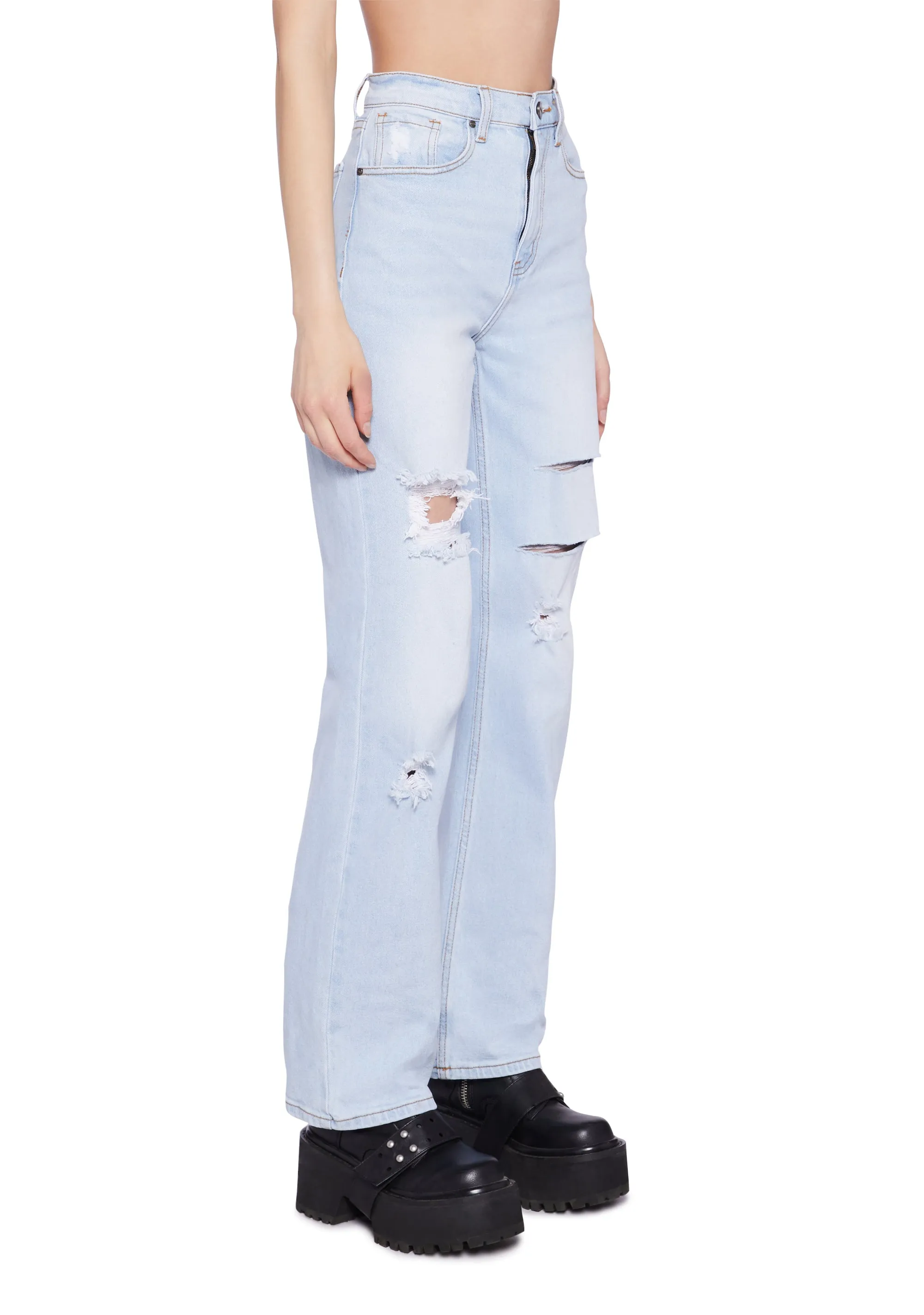 Distressed High Rise Straight Denim Jeans - Light Blue sold by Dolls Kill product image thumbnail 4