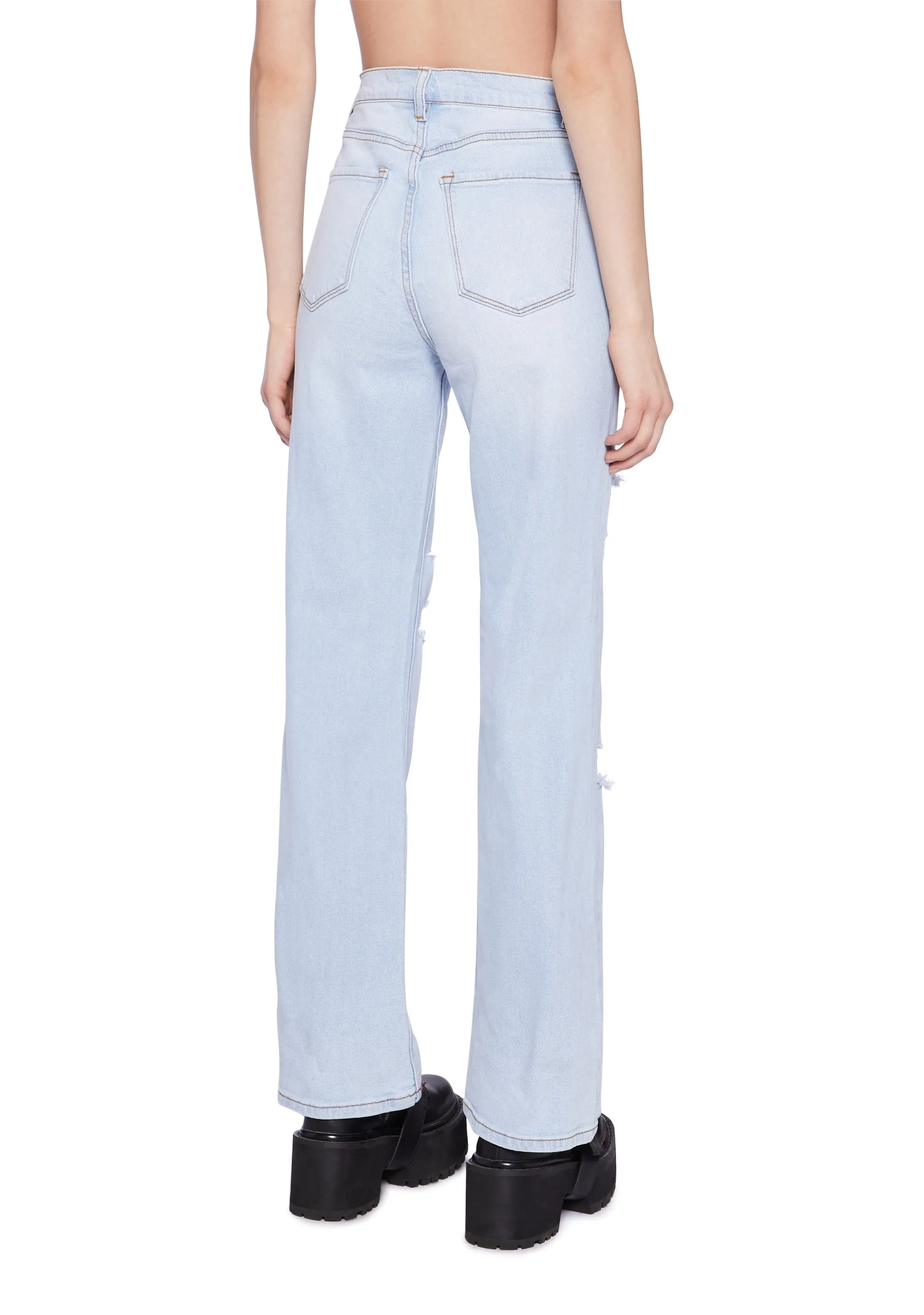 Distressed High Rise Straight Denim Jeans - Light Blue sold by Dolls Kill product image thumbnail 3