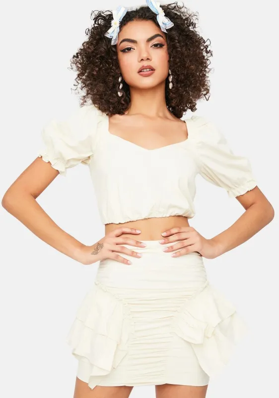 Ivory Hot N Cold Puff Sleeve Ruffle Mini Skirt Set sold by Dolls Kill