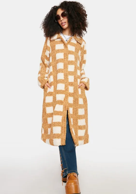 Camel Checkered Longline Coat sold by Dolls Kill