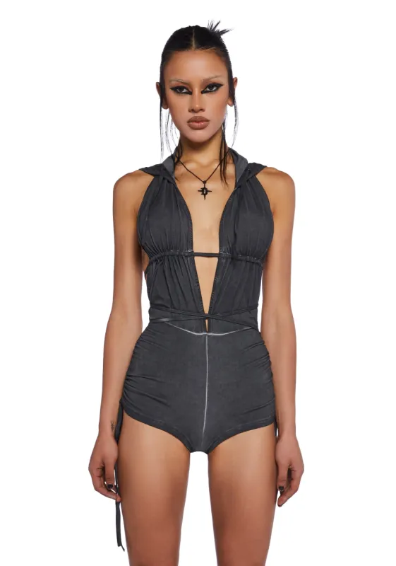 Downbeat Hooded Romper - Black sold by Dolls Kill