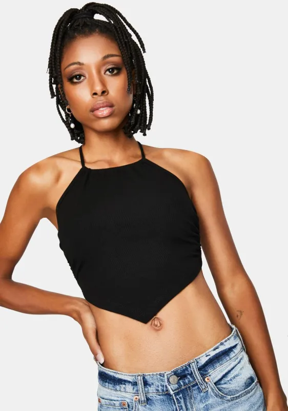 Black Open Back Halter Crop Top sold by Dolls Kill