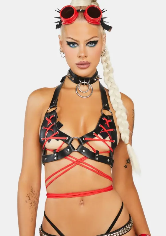 Black & Red Faux Leather Lace-Up Bra Top sold by Dolls Kill