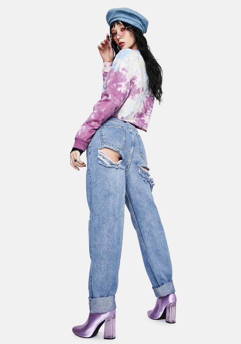 Light Wash Extreme Butt Rip Mom Jeans sold by Dolls Kill