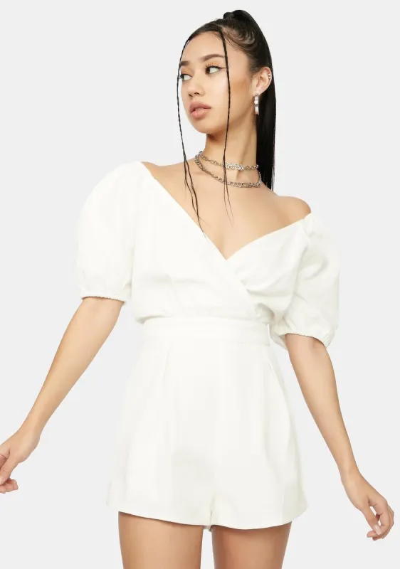 Bliss Theory Denim Puff Sleeve Romper sold by Dolls Kill