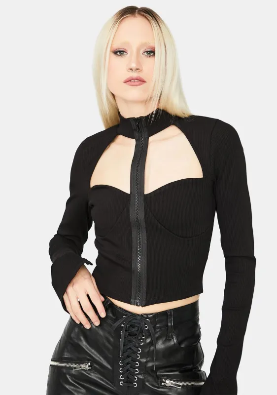 Noir Spy Lover Mock Neck Zip Up Crop Top sold by Dolls Kill