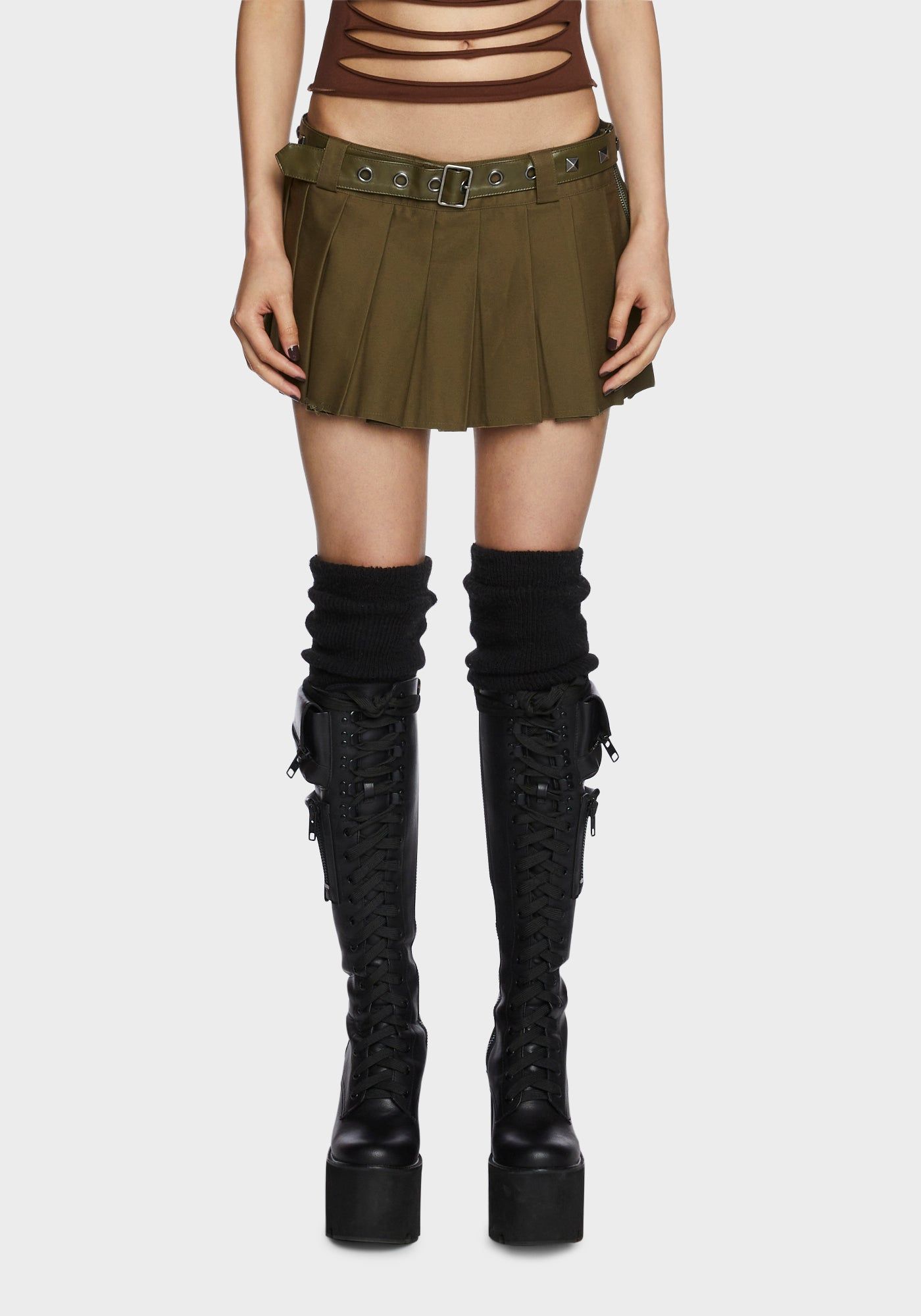 The Potential Micro Mini Skirt - Olive sold by Dolls Kill