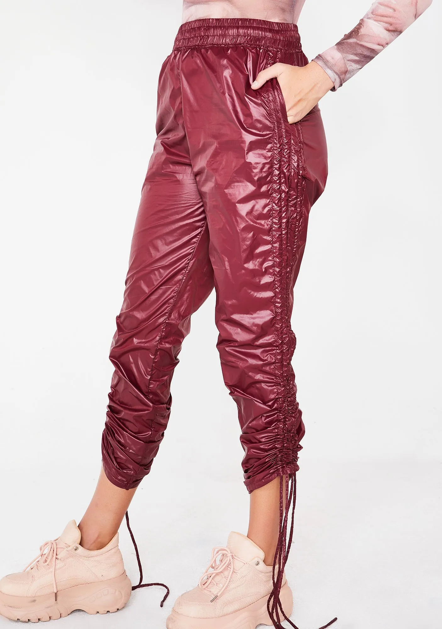Merlot Trap House Ruched Trousers sold by Dolls Kill