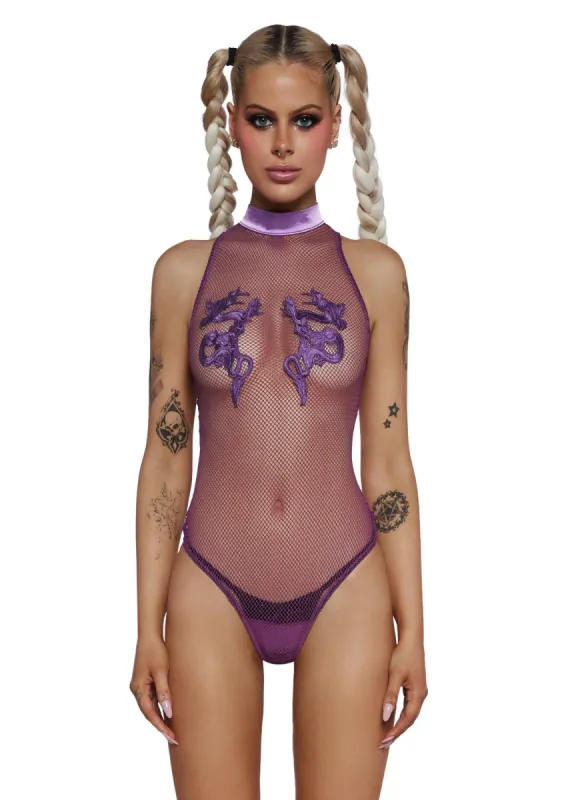 Bad Luck Dragon Fishnet Bodysuit - Purple sold by Dolls Kill