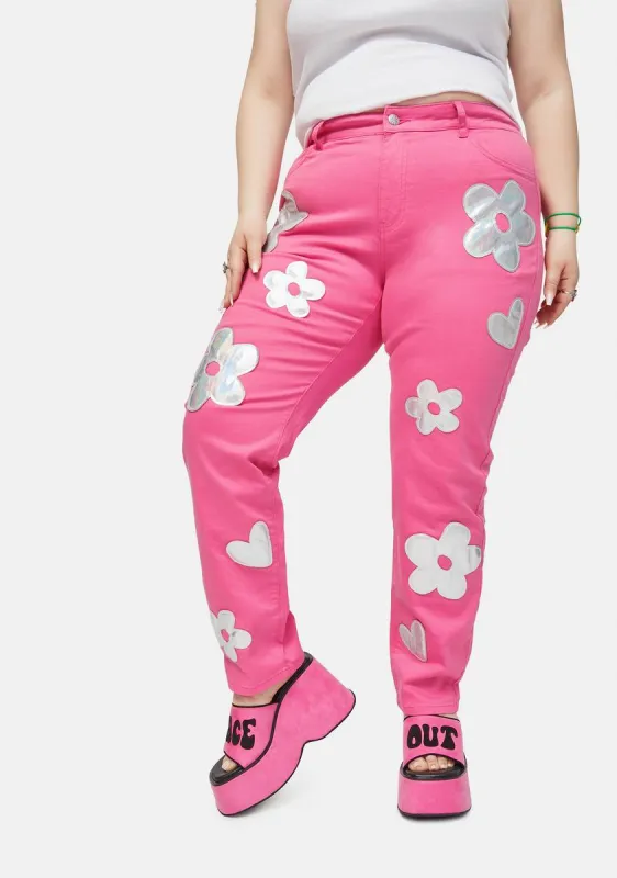 Plus Heart Of Glass Holo Flower Applique Twill Pants sold by Dolls Kill