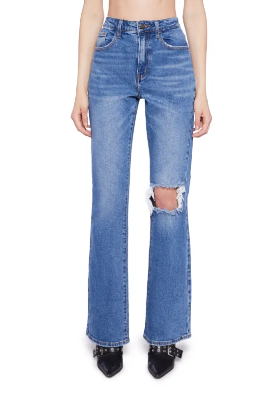Distressed High Rise Flare Jeans sold by Dolls Kill