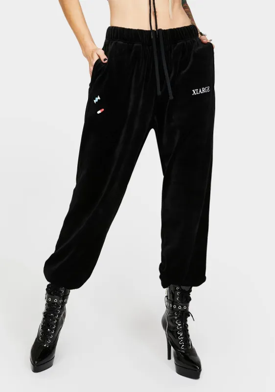 Black Embroidered Velour Joggers sold by Dolls Kill