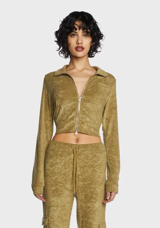 Olive Two-Way Zip Velour Track Jacket sold by Dolls Kill